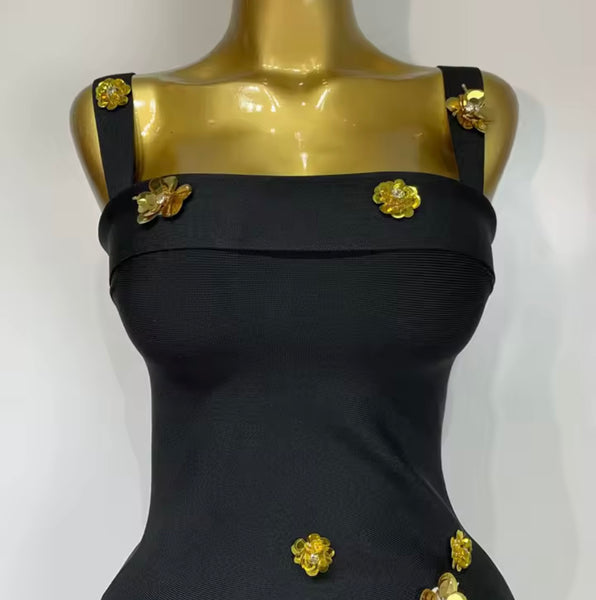 Women Black Sleeveless Gold Floral Sexy Bandage Dress