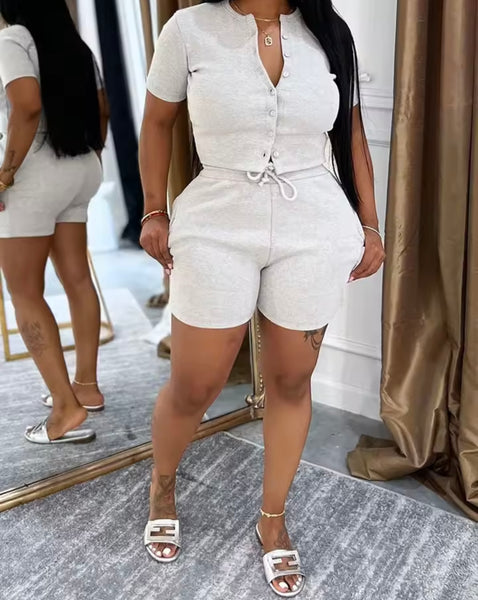 Women Fashion Button Up Short Sleeve Two Piece Short Set