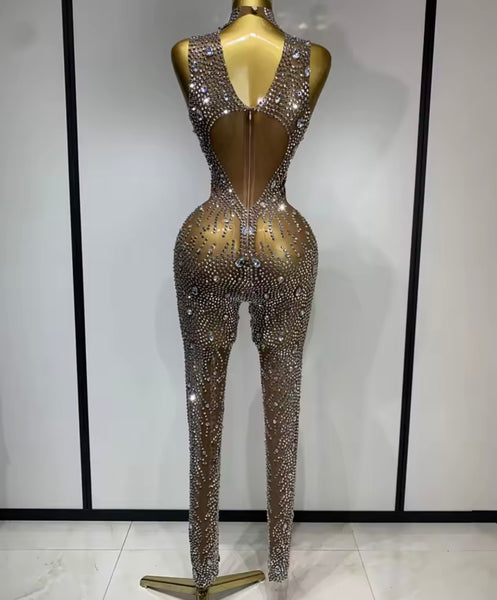 Women Sleeveless Rhinestone Crystal Mesh Sexy Jumpsuit