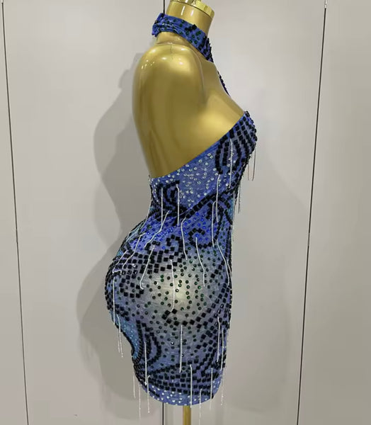 Women Sexy Halter Sleeveless Blue Bling Tassel Mesh Dress