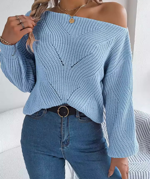 Women Color Off The Shoulder Full Sleeve Oversized Sweater Top
