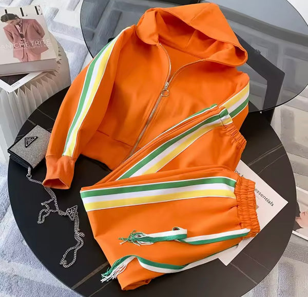 Women Color Patchwork Striped Hooded Two Piece Tracksuit Pant Set