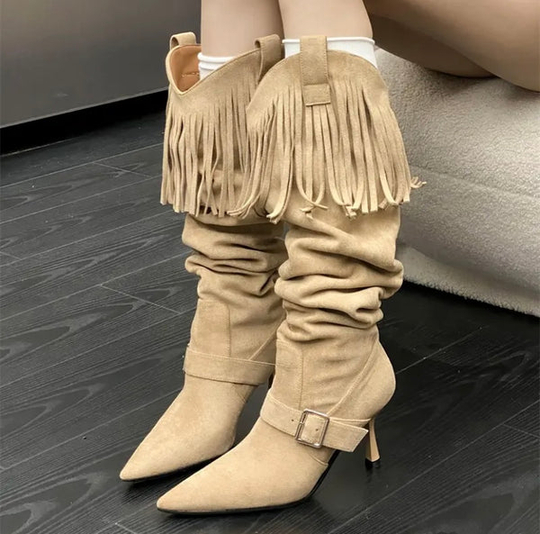 Women Fashion Suede Tassel Buckled Knee High Boots