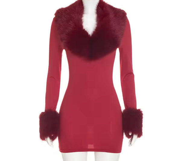 Women Sexy Burgundy Faux Fur Patchwork Full Sleeve Dress