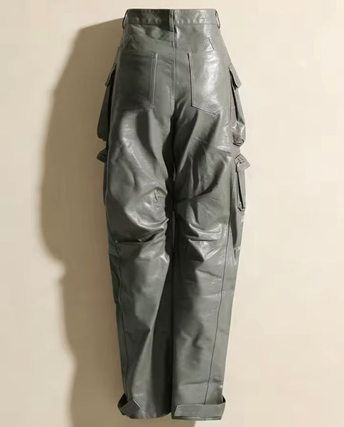 Women Fashion Faux Leather Cargo Pants