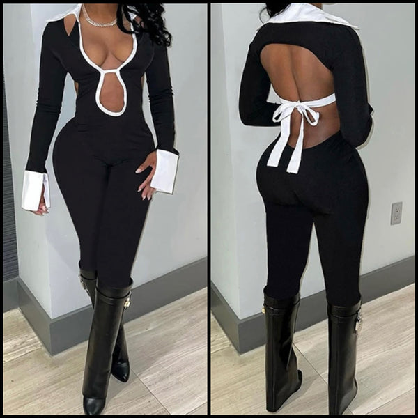 Women Sexy B&W Collar Full Sleeve Open Back Jumpsuit