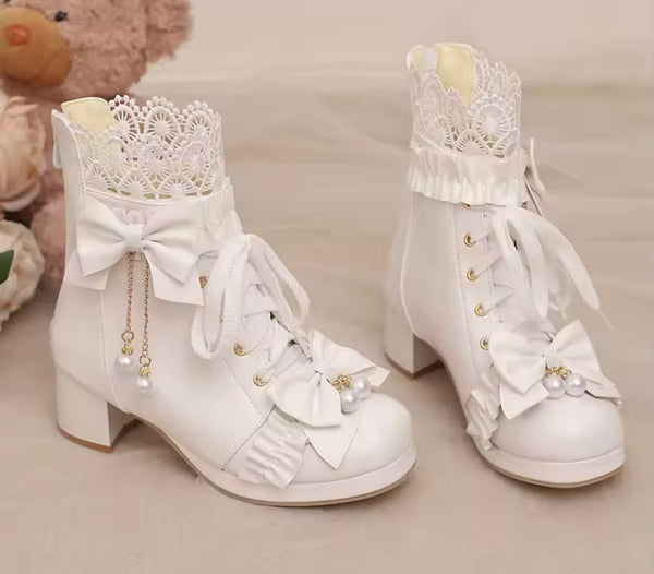 Women Fashion Lace Up Pearl Bow Ankle Boots