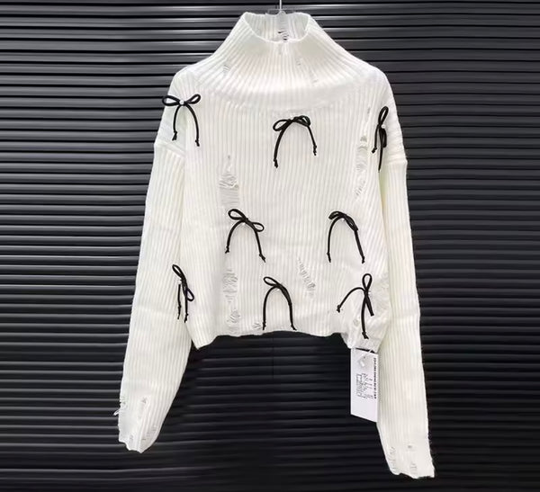 Women Fashion Ripped Turtleneck Bow Patchwork Sweater Top