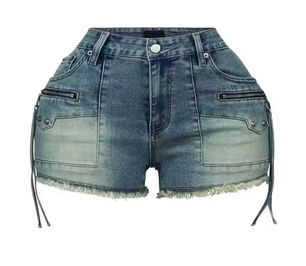 Women Halter Sleeveless Zip Up Denim Two Piece Short Set