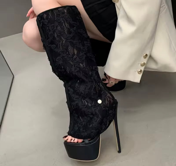 Women Fashion Black Platform Detachable Lace High Heels