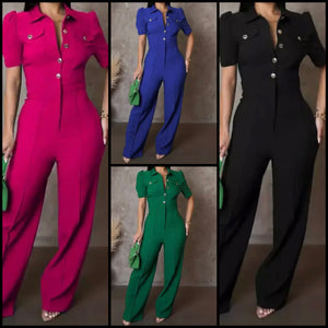 Women Color Button Up Short Sleeve Fashion Jumpsuit