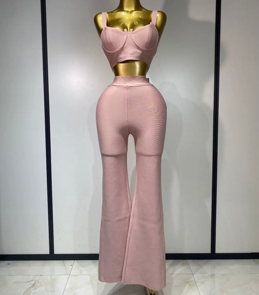 Women Color Sleeveless Sexy Crop Two Piece Pant Set