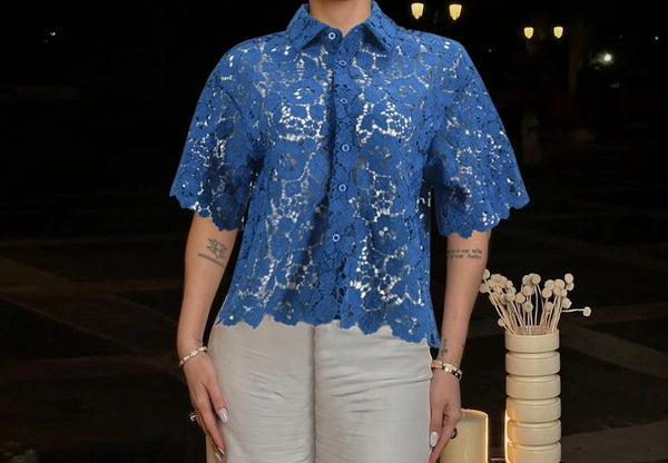 Women Sexy Fashion Blue Lace Short Sleeve Button Up Top