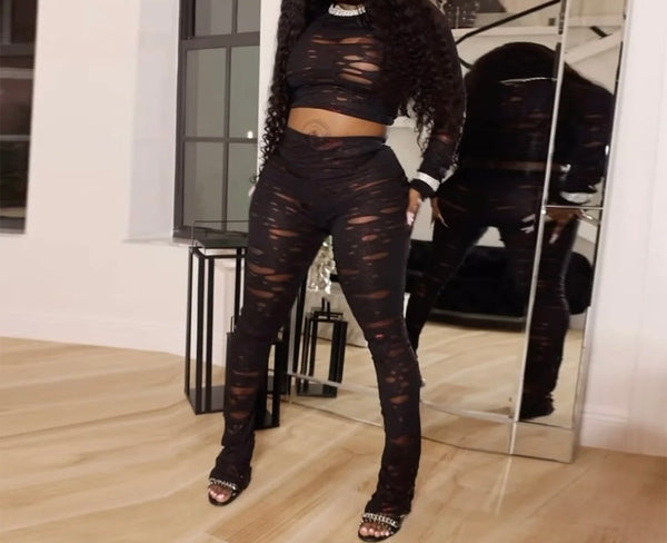 Women Sexy Black Ripped Full Sleeve Two Piece Pant Set