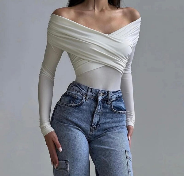 Women Solid Color Off The Shoulder Full Sleeve Fashion Bodysuit Top