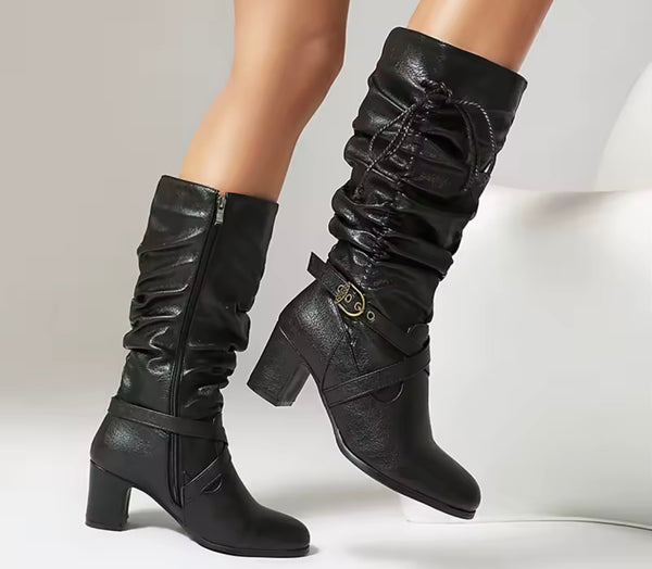 Women Fashion Buckled Ruched Tie Up Faux Leather Boots