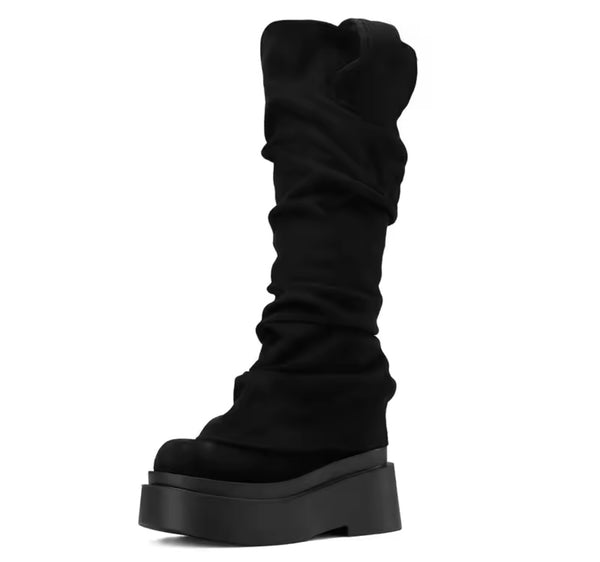 Women Fashion Color Platform Suede Ruched Knee High Boots