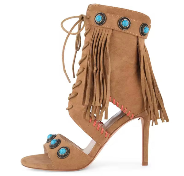 Women Open Toe Rivet Fringe Lace Up High Heel Ankle Boots