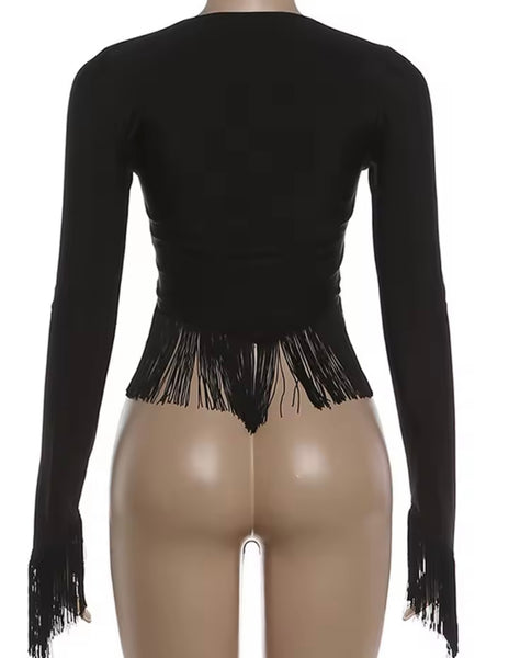 Women Black Off The Shoulder Fringe Tassel Crop Top