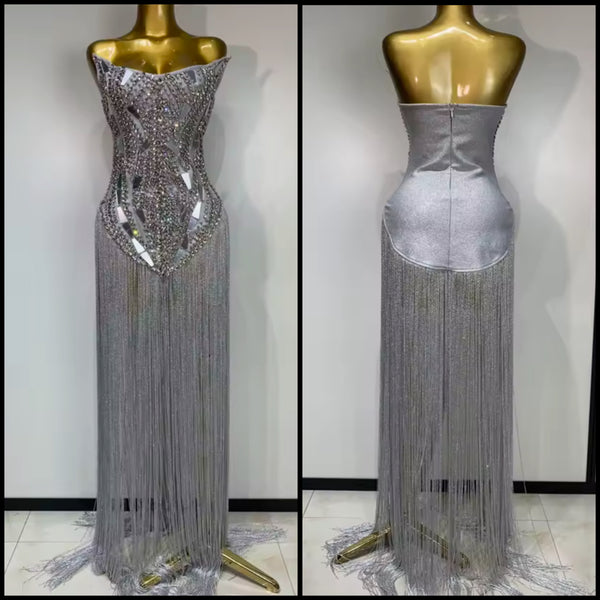 Women Silver Sexy Strapless Rhinestone Fringe Tassel Dress