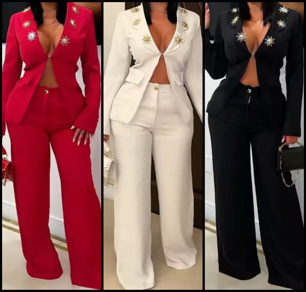 Women Embellished Full Sleeve Blazer Two Piece Pant Set