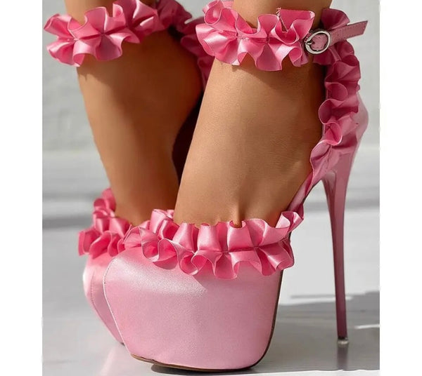 Women Fashion Ruffled Platform Ankle Strap High Heels