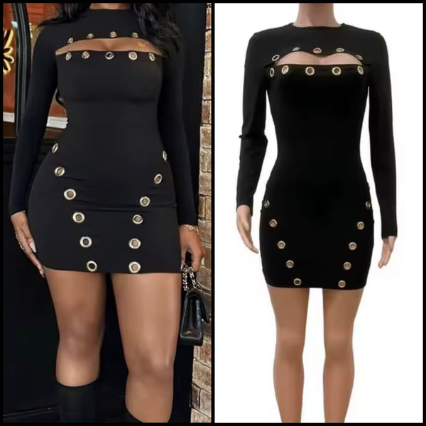 Women Sexy Metal Ring Cut Out Full Sleeve Black Dress