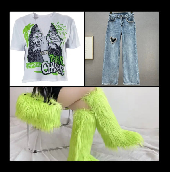 Women Fashion Color Faux Fur Knee High Boots Purse Set