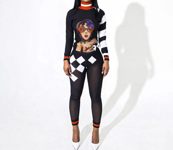 Women Sexy Printed Full Sleeve Mesh Two Piece Pant Set