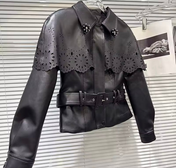 Women Fashion Ruffled Faux Leather Jacket Two Piece Skirt Set