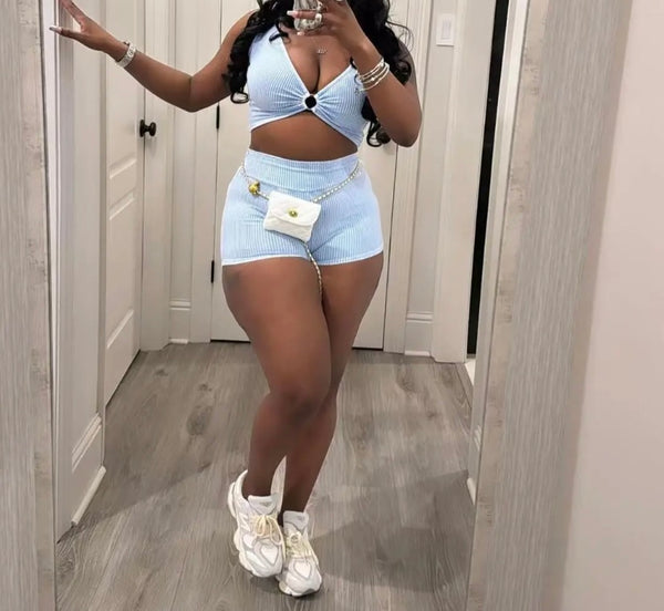 Women Ribbed Sleeveless Sexy Solid Color Two Piece Short Set
