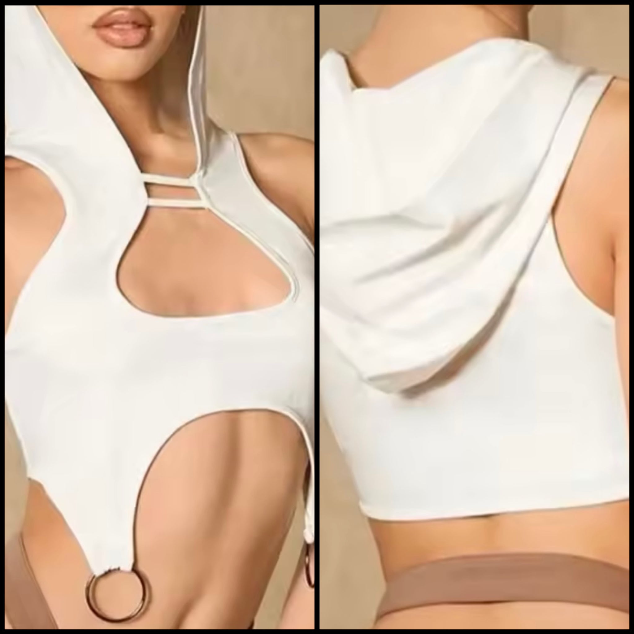 Women Fashion Sleeveless Hooded Metal Ring Crop Top