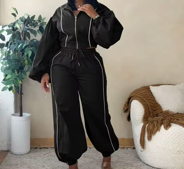 Women Fashion Striped Lantern Zip Up Full Sleeve Two Piece Pant Set