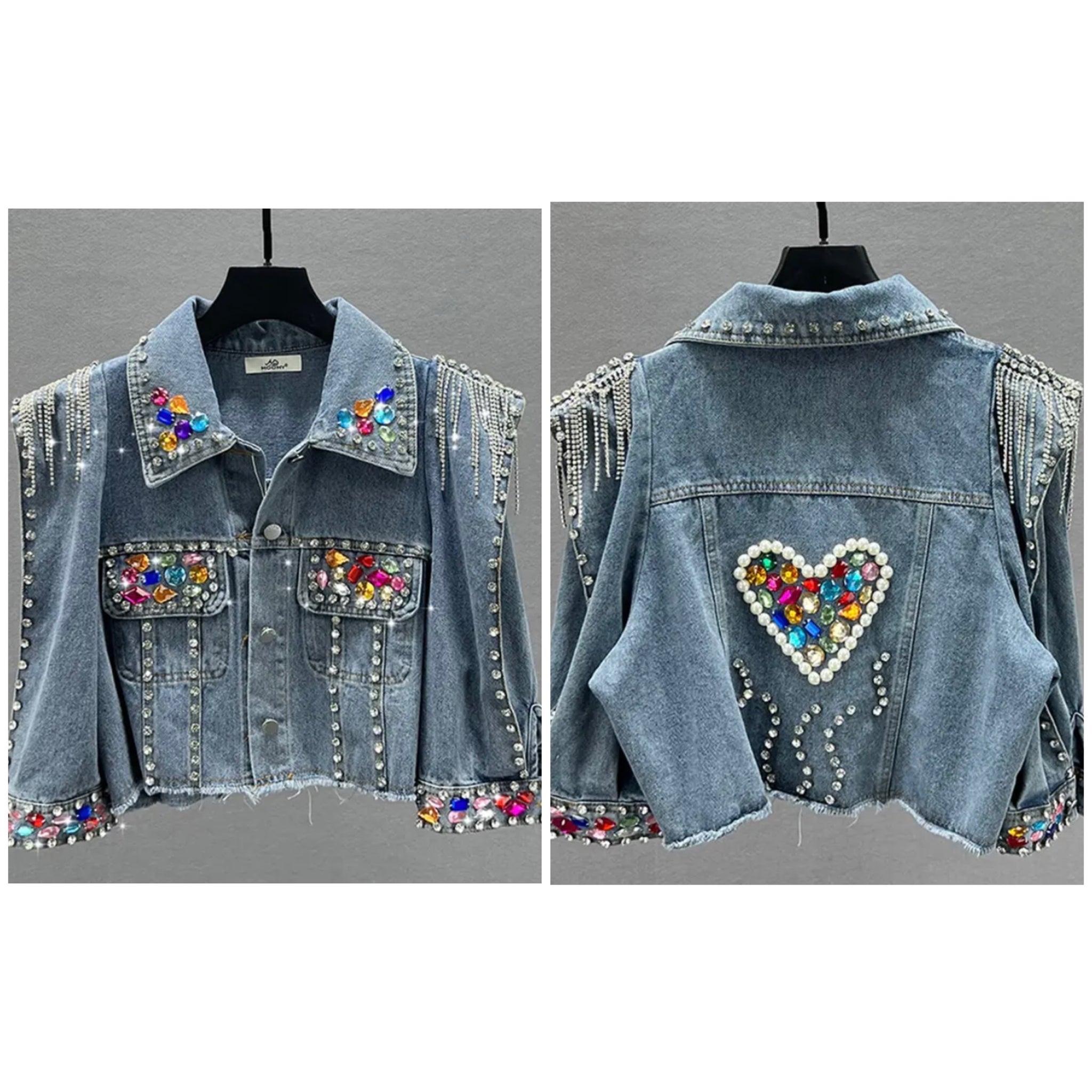 Women Fashion Pearl Rhinestone Denim Jacket