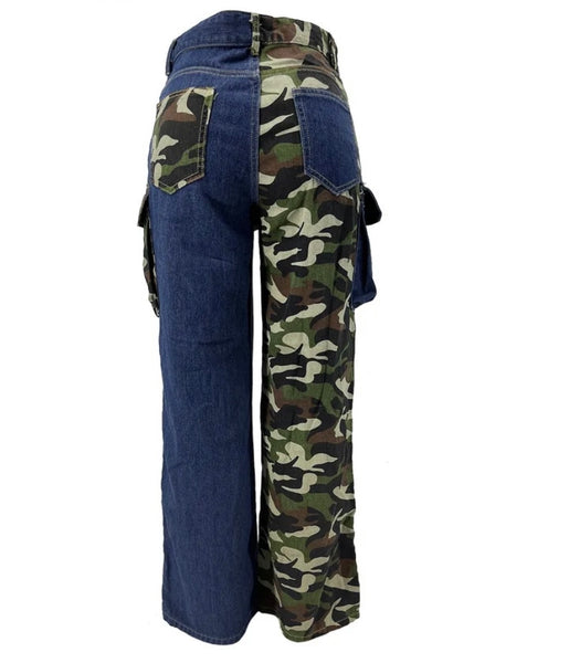 Women Fashion Camouflage Patchwork Cargo Denim Pants