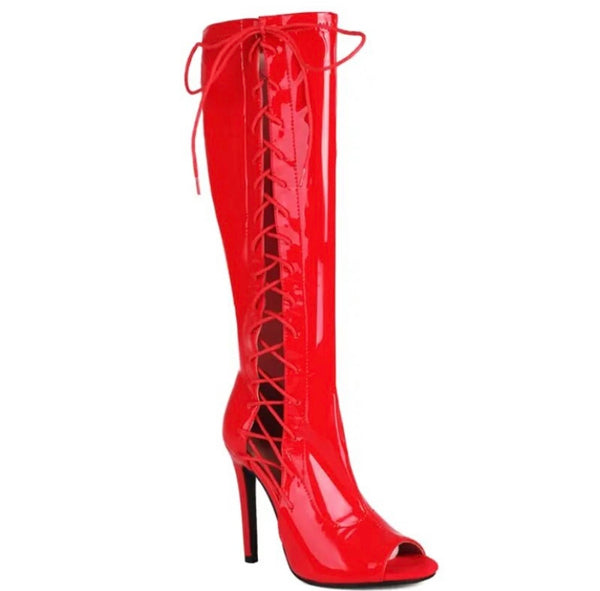 Women Fashion Open Toe Patent Leather Lace Up Knee High Boots