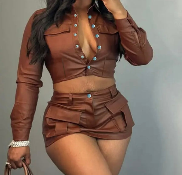 Women Brown Sexy Fashion Faux Leather Two Piece Skirt Set