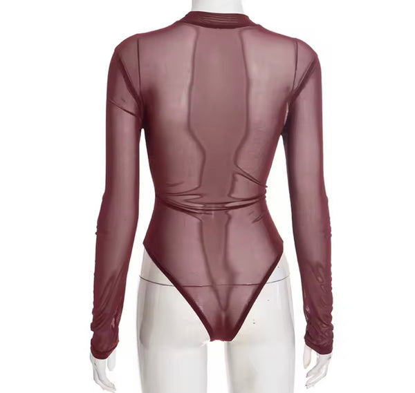 Women PU Mesh Full Sleeve Fashion Bodysuit Top