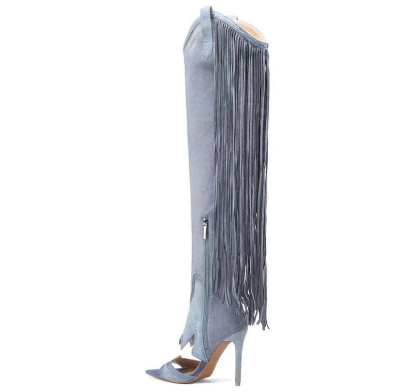 Women Fashion Open Toe Tassel Suede Knee High Western Boots