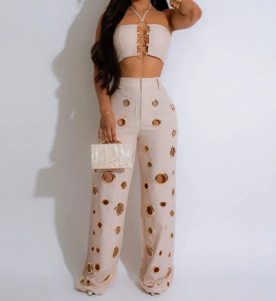 Women Sexy Sleeveless Cut Out Circle Two Piece Pant Set