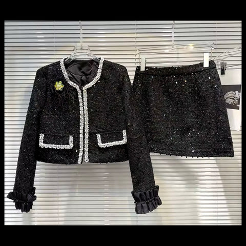 Women Black Sexy Sequins Bling Blazer Two Piece Skirt Set