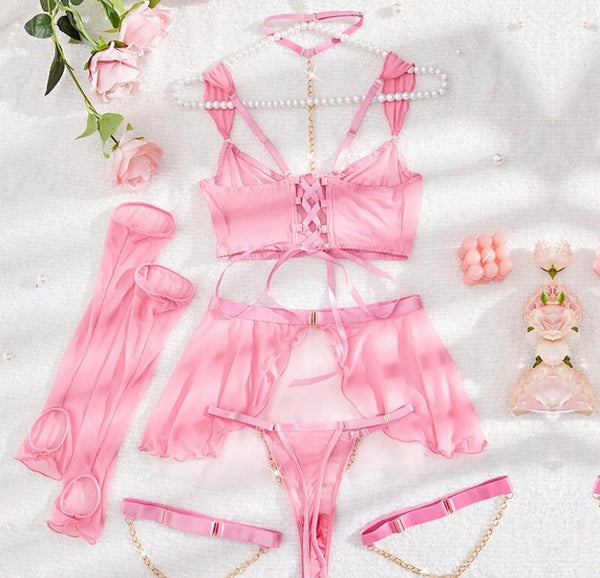 Women Sexy Pink Chain Mesh Lingerie Set