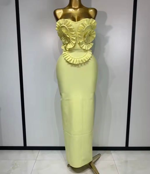 Women Yellow Ruffled Strapless Sexy Maxi Dress