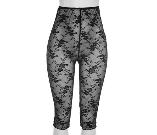 Women Sexy Black Lace Full Sleeve Two Piece Capri Pant Set