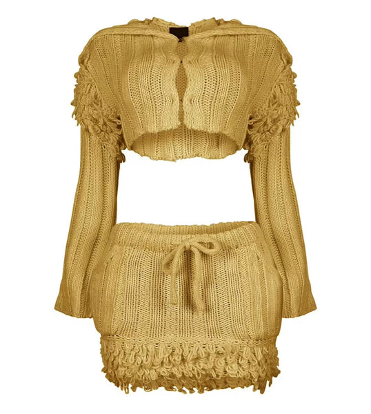 Women Sexy Knitted Fringe Full Sleeve Two Piece Skirt Set