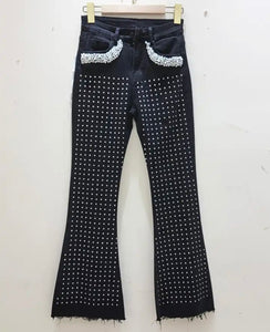 Women Fashion Bling Rivet Denim Pants