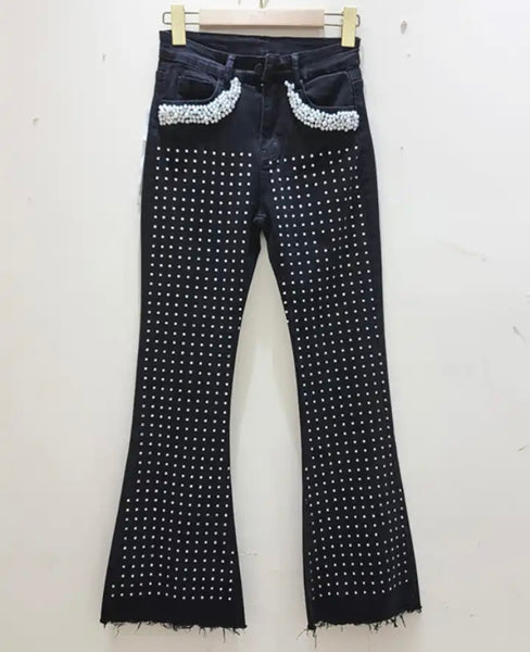 Women Fashion Bling Rivet Denim Pants