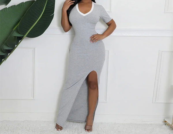 Women Sexy Striped Short Sleeve Side Split Maxi Dress