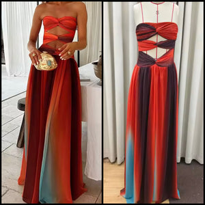 Women Sexy Strapless Cut Out Tie Dye Gradient Maxi Dress
