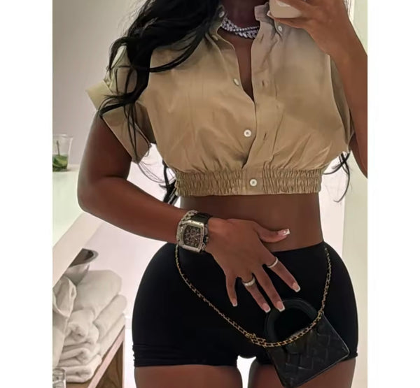 Women Fashion Button Up Short Sleeve Color Patchwork Two Piece Short Set